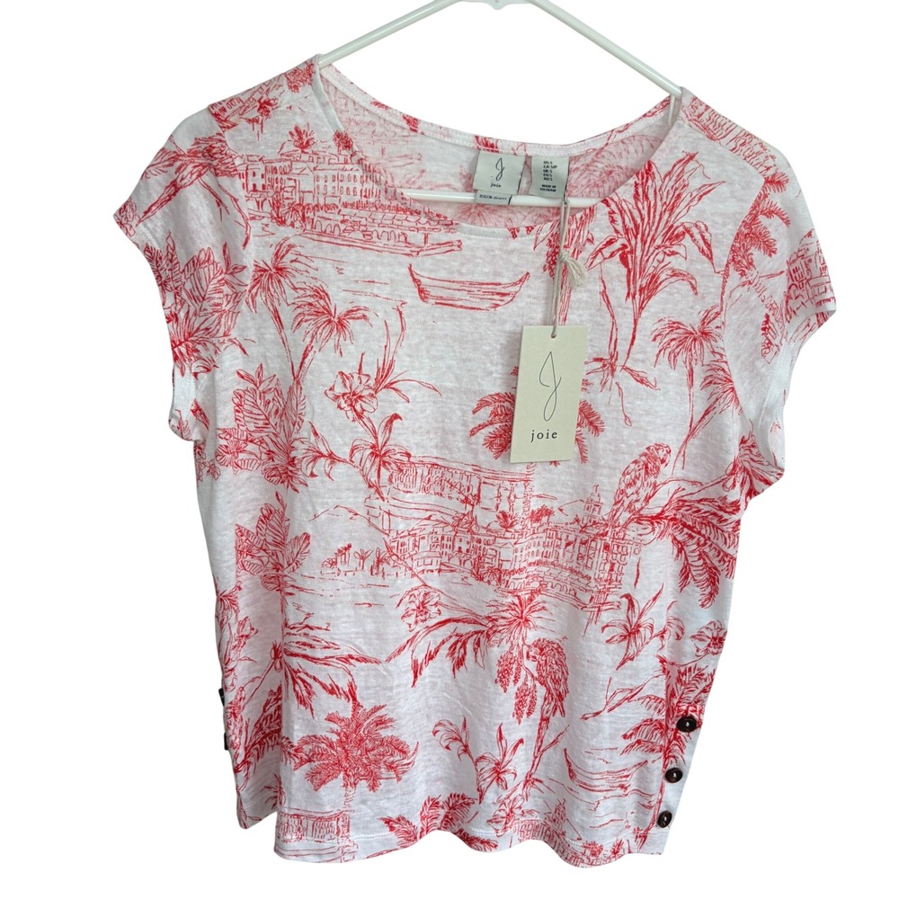 Joie NWT Linen T-Shirt S Tropical Toile Red White Palm Tree Side Button Tee NWT